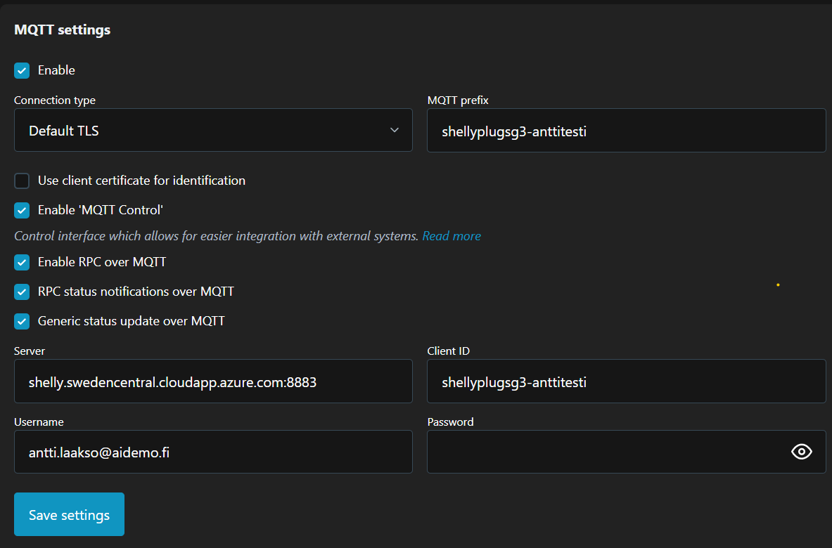 Shelly-laitteen MQTT-asetukset